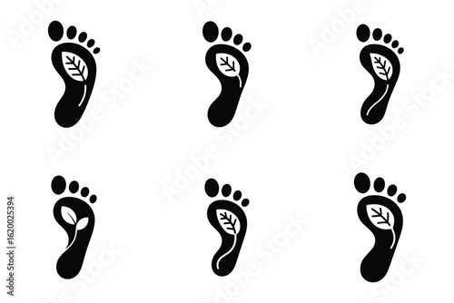 Ecological Footprint Icons Set Eco Friendly Practices with Leaf Inside Footprints 