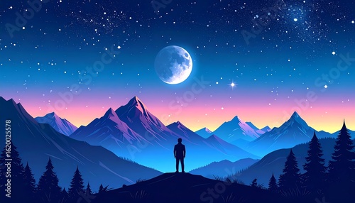 Silhouette figure gazing at a moonlit mountain range under a starlit sky