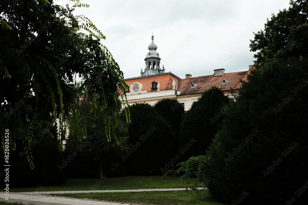 Fototapeta premium Partially hidden behind trees, the historic Sombor City Hall with its decorative dome is seen from a side view in Serbia.