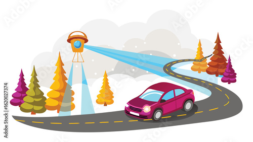 A self driving car navigating a snowy road guided by a lidar system in a winter landscape