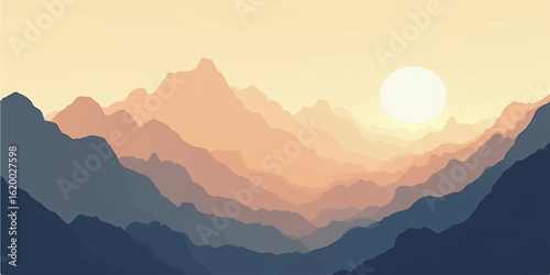 Golden Hour Mountain Landscape with Serene Mist and Layered Silhouette Horizon Lines