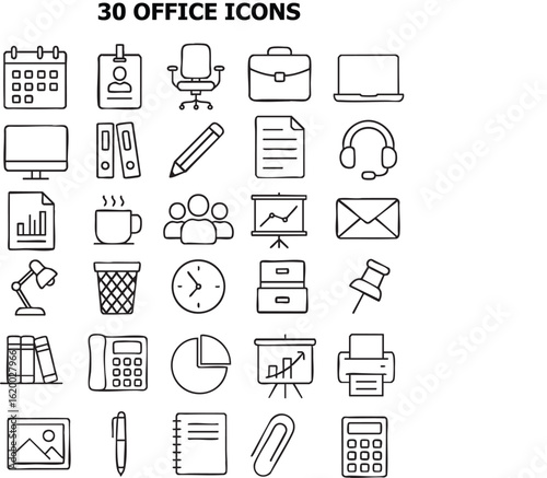 A diverse collection of 30 monochrome office icons representing various tools and elements found in modern workplaces for enhanced productivity and organization in tasks.