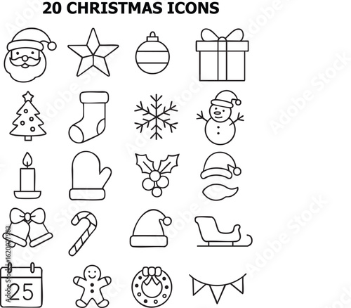 A festive compilation of 20 unique Christmas icons featuring symbols of joy including Santa Claus, ornaments, presents, and a snowman for holiday decorations.