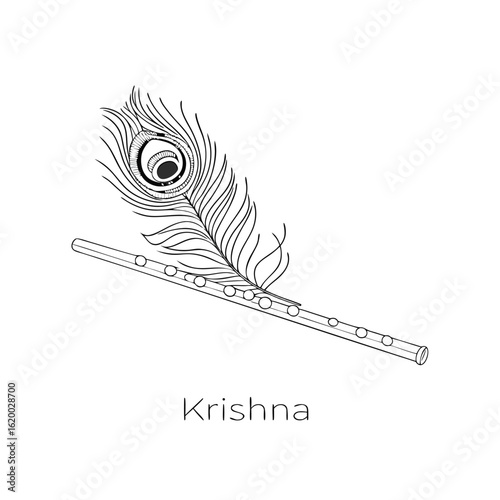 Lord Krishna Peacock Feather & Flute Vector Silhouette | Hindu Deity Symbolism