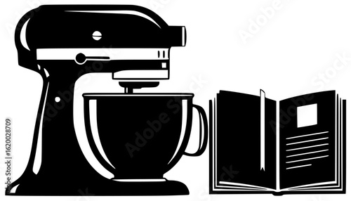 Mixer in the kitchen on the table with big bowl working with dough and spoon in storage cabinet with long cord near oven in the corner