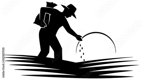 Seeder planting seeds in a field Seeder holding a basket of seeds Seeder walking in a garden Seeder scattering seeds on the ground Seeder standing in a lush green landscape with seeds and trees