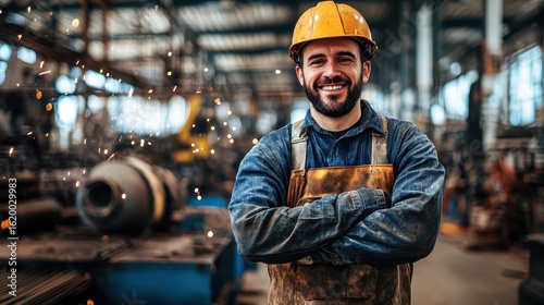 Smiling Male Worker in Hard Hat at Industrial Workshop Setting