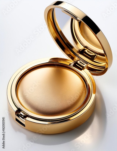 Elegant golden compact mirror reflecting light with a smooth surface, perfect for beauty and makeup scenarios.