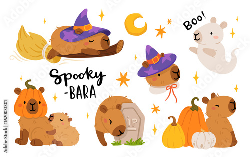 Cute Halloween capybara clipart, spooky cartoon capybaras dressed as mummy, ghost, witch, pumpkin, with gravestone, candles, broom, toilet paper and pumpkins, kawaii animal vector set