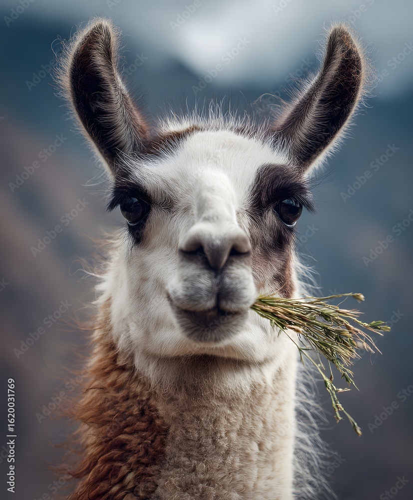 Obraz premium Llama Portrait with Grass in Mouth