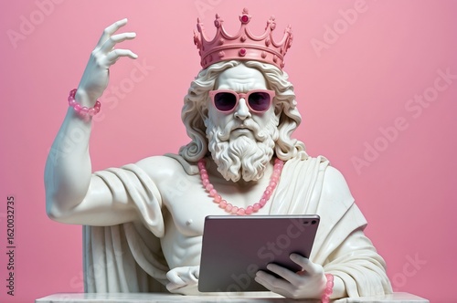 Classical statue of a god dressed in modern accessories uses a tablet against a pink background