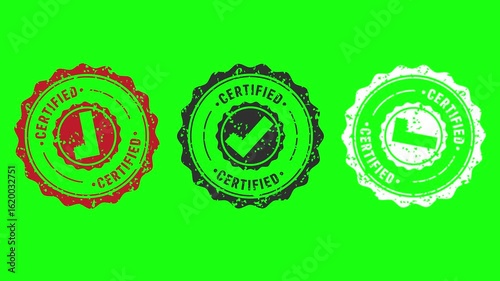 Certified Seal Stamps on Green: A captivating visual trio of certified seal stamps, each adorned with a prominent check mark, are meticulously arranged against a vivid green backdrop.