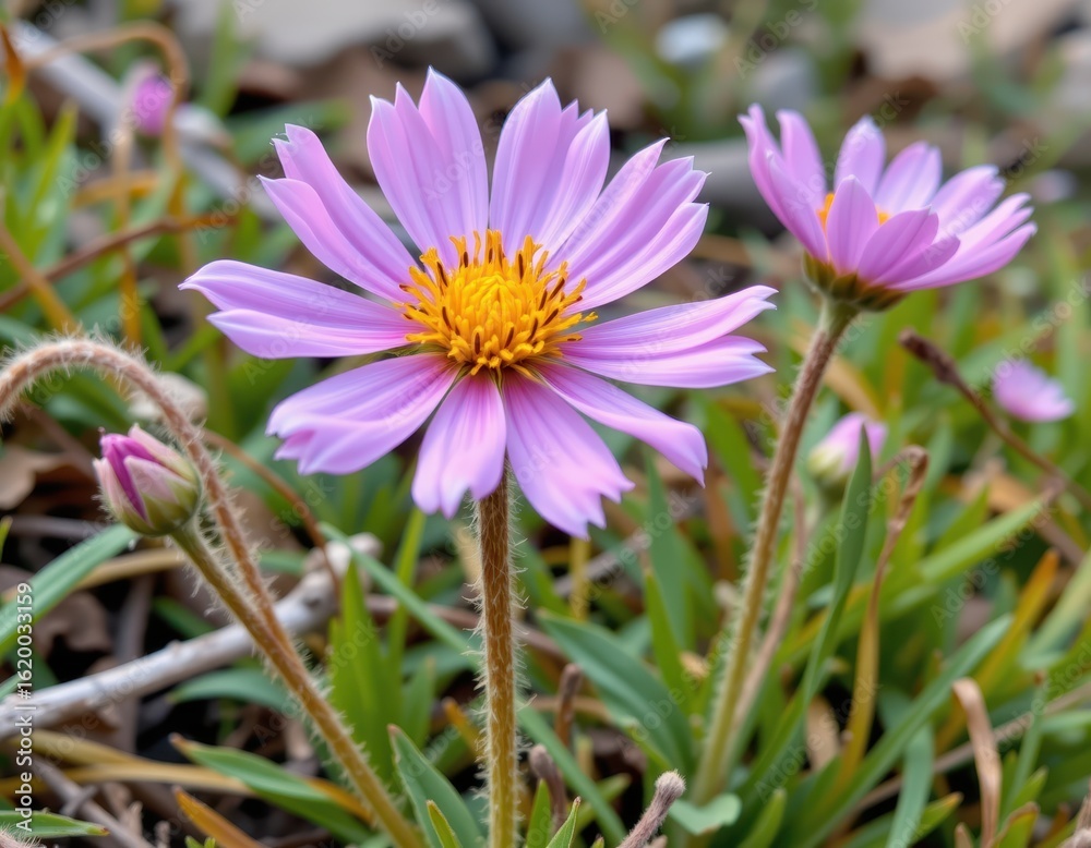 Obraz premium alpine pasqueflower thrives in cold mountain meadows with hairy stems protecting buds from frost.