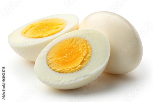Two halves of a hard boiled egg and a whole egg isolated on white background