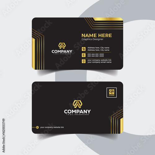 Black and Gold Corporate Business Card Template with Vertical Lines. Luxury black business card with elegant golden foil details for premium branding.