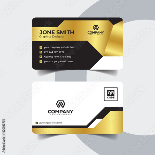 Corporate Black White and Gold Business Card Template with Modern Layout. Modern minimalist business card design in black with elegant golden details.