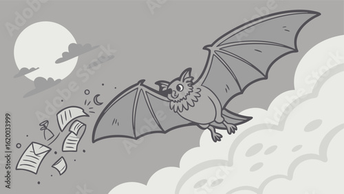 A whimsical cartoon bat with wide wings soars through a cloudy night sky scattering papers and documents in its wake under a large moon