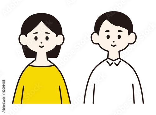 若い男女　正面上半身　シンプルでフラットなイラスト