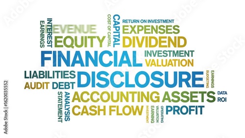 Financial Disclosure animated word cloud-text design animation tag kinetic typography seamless loop.