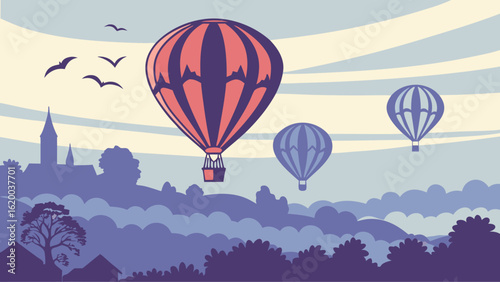 Three colorful hot air balloons ascend over a silhouetted landscape of rolling hills trees and a distant church spire under a striped sky