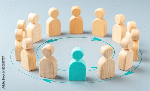 Light-colored wooden figures in a circle, teal-colored figure in center, circular arrows