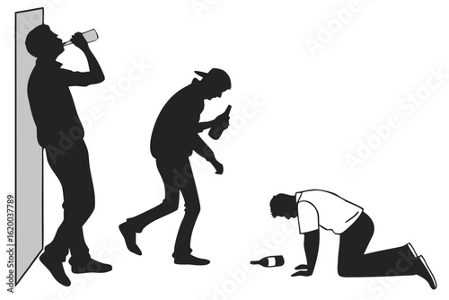 Silhouette vector illustrating the progressive stages of alcohol abuse, showing a man's descent from drinking to intoxication and despair.