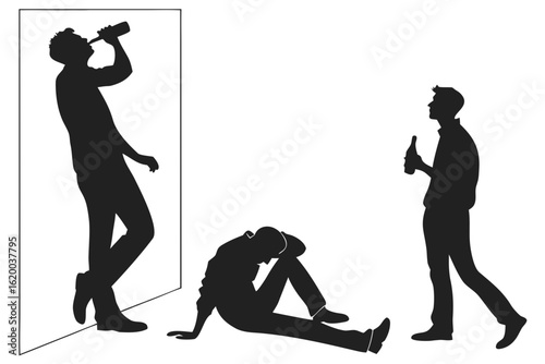 A conceptual illustration showing the solitary struggle of male alcohol abuse, with silhouettes depicting intoxication and despair as a social issue.