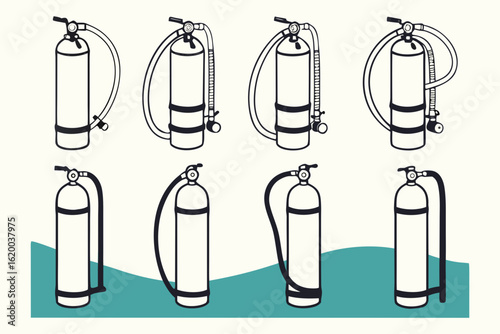 A collection of scuba tank and regulator hose configurations for diving safety and setup. An illustrated guide to underwater breathing apparatus.