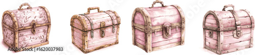 Pink Treasure Chest Icon Set – 4 Stylized Storage Box Illustrations for Game Assets, Fantasy UI, Decorative Graphics & Digital Design Projects