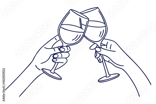 An elegant line art illustration of two hands making a toast with wine glasses. A minimalist design representing celebration, friendship, or a romantic date.