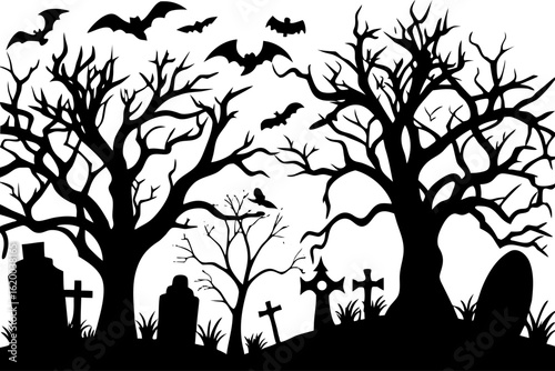 Spooky Halloween graveyard scene with haunted bare trees, tombstones, and flying bats. A dark scary night silhouette vector illustration for horror themes.