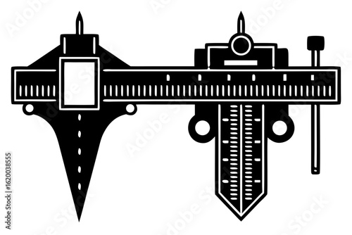 A black and white vector icon of a precision caliper tool for accurate measurement. A graphic symbol of engineering, metrology, and industrial specifications.