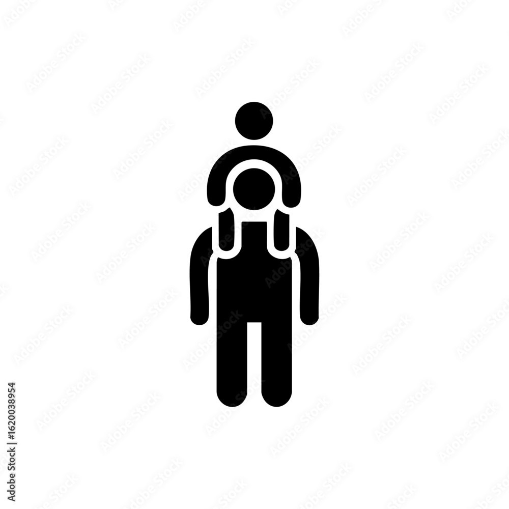 Fototapeta premium Minimalist black icon of a parent carrying a child on their shoulders, symbolizing family bonding, support, and joyful parenting moments.