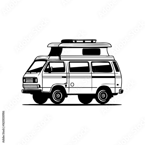 Detailed black and white vector of a compact camper van with rooftop tent, representing travel lifestyle, road adventures, and van life culture.

