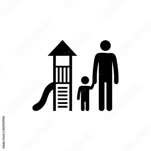 Minimalist vector icon of a father holding a toddler’s hand next to a playground structure, symbolizing care and quality time.
