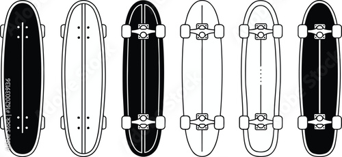 Minimalist Skateboard and Longboard Vector Collection: Black and White Line Art Illustration of Decks for Sports, Street Culture, and Urban Lifestyle Designs
