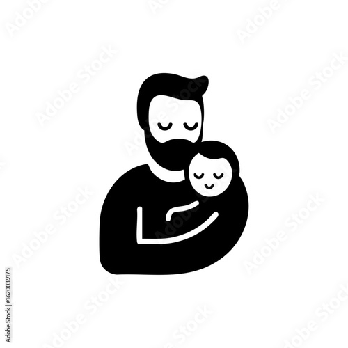 Flat icon of a bearded father gently hugging a sleeping child, representing emotional bonding, protection, and a loving paternal connection.
