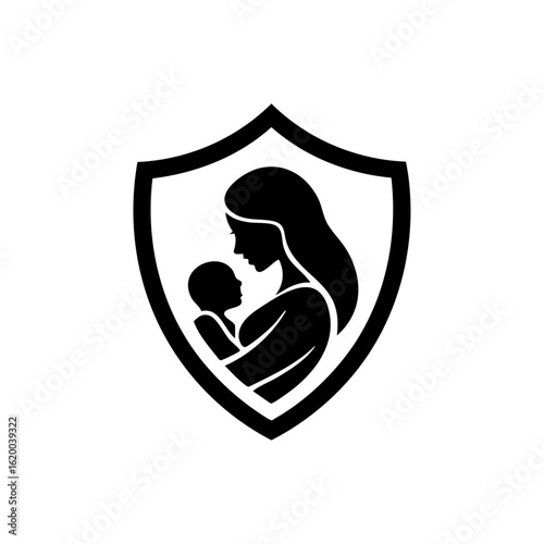 Stylized vector icon of a mother holding her baby inside a bold shield outline, representing strong maternal care and protection.

