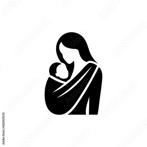 Minimalist vector icon of a mother gently wrapping her baby in a sling, conveying closeness, warmth, and modern caregiving.

