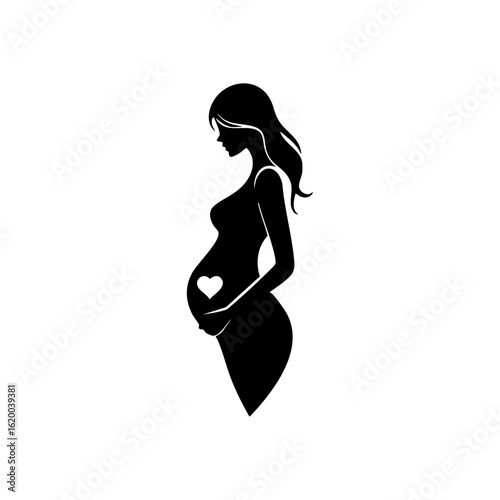 Minimalist silhouette of a pregnant woman with a heart on her belly, symbolizing maternity, love, and the beauty of motherhood.

