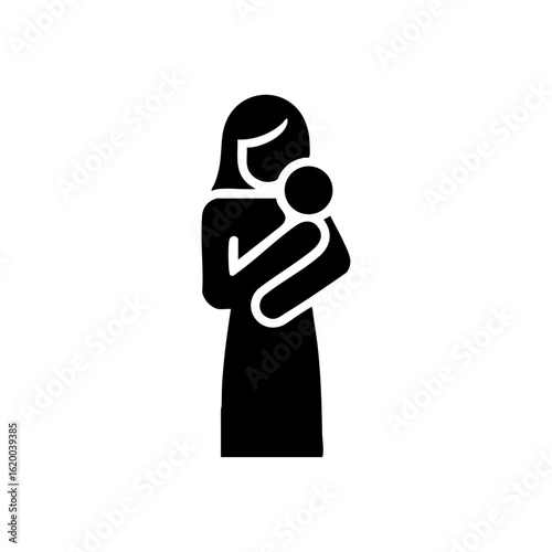 Black vector icon of a single mother gently holding a baby, symbolizing motherhood, nurturing, and maternal affection.

