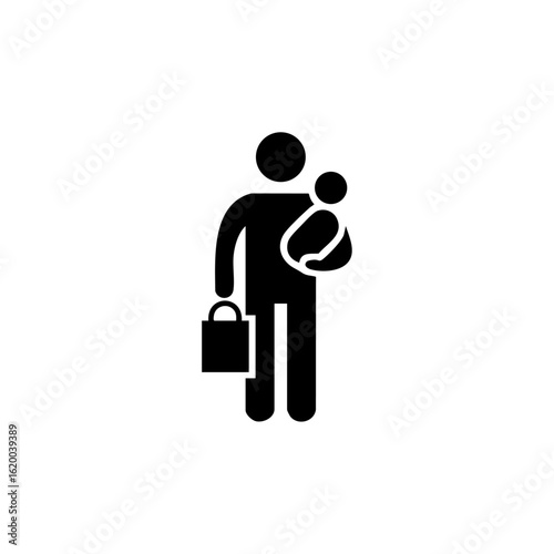 Minimalist icon of a single father holding a baby and a shopping bag, symbolizing modern fatherhood, care, and shared parenting responsibilities.

