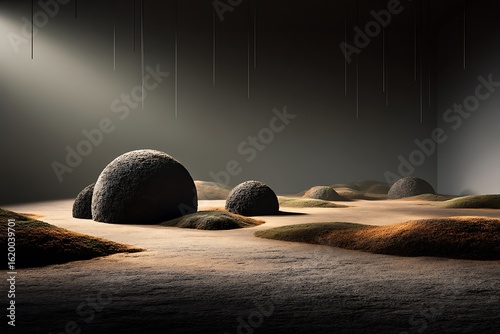 Serene Minimalist Abstract Landscape with Dark Stones and Light Beam