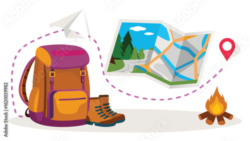 Illustration of a backpack with hiking boots map campfire and paper airplane for an outdoor adventure trip