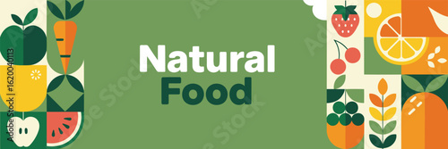 Geometric Natural Food Banner Design: Healthy Organic Fruits and Vegetables Illustration for Market, Diet, and Sustainable Eating Promotions