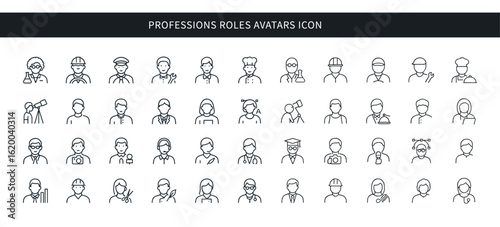 set of Essential professions and diverse job roles avatars icon . Thin line editable stroke icons for careers, jobs, workplace, service, education, occupations, employment