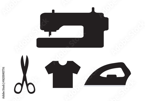 Tailors accessories, supplies and equipment to sew cloth. Dressmaking collection with thread rolls, button, needles, zipper, sewing machine, mannequin, scissors, iron. Tailoring studio