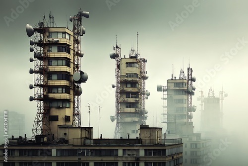 Foggy Cityscape with Telecommunication Towers: A Moody Urban Scene