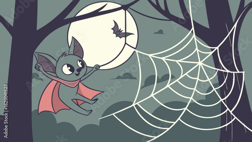 A cute cartoon bat wearing a cape swings happily on a spider web under a large full moon on a spooky halloween night