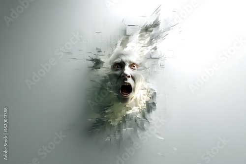A Surreal Digital Art Depiction of a Screaming Face Emerging from a Fragmented White Form